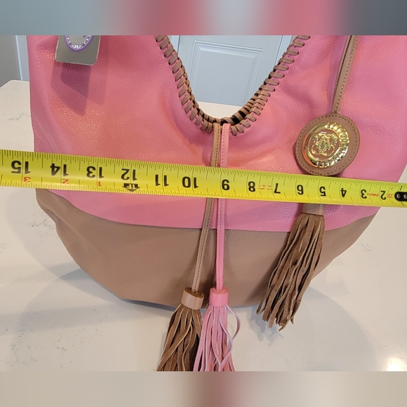 New with Tag Sharif 1825 Genuine Leather Pink Brown Hobo Tassels Shoulder Bag - Picture 6 of 16